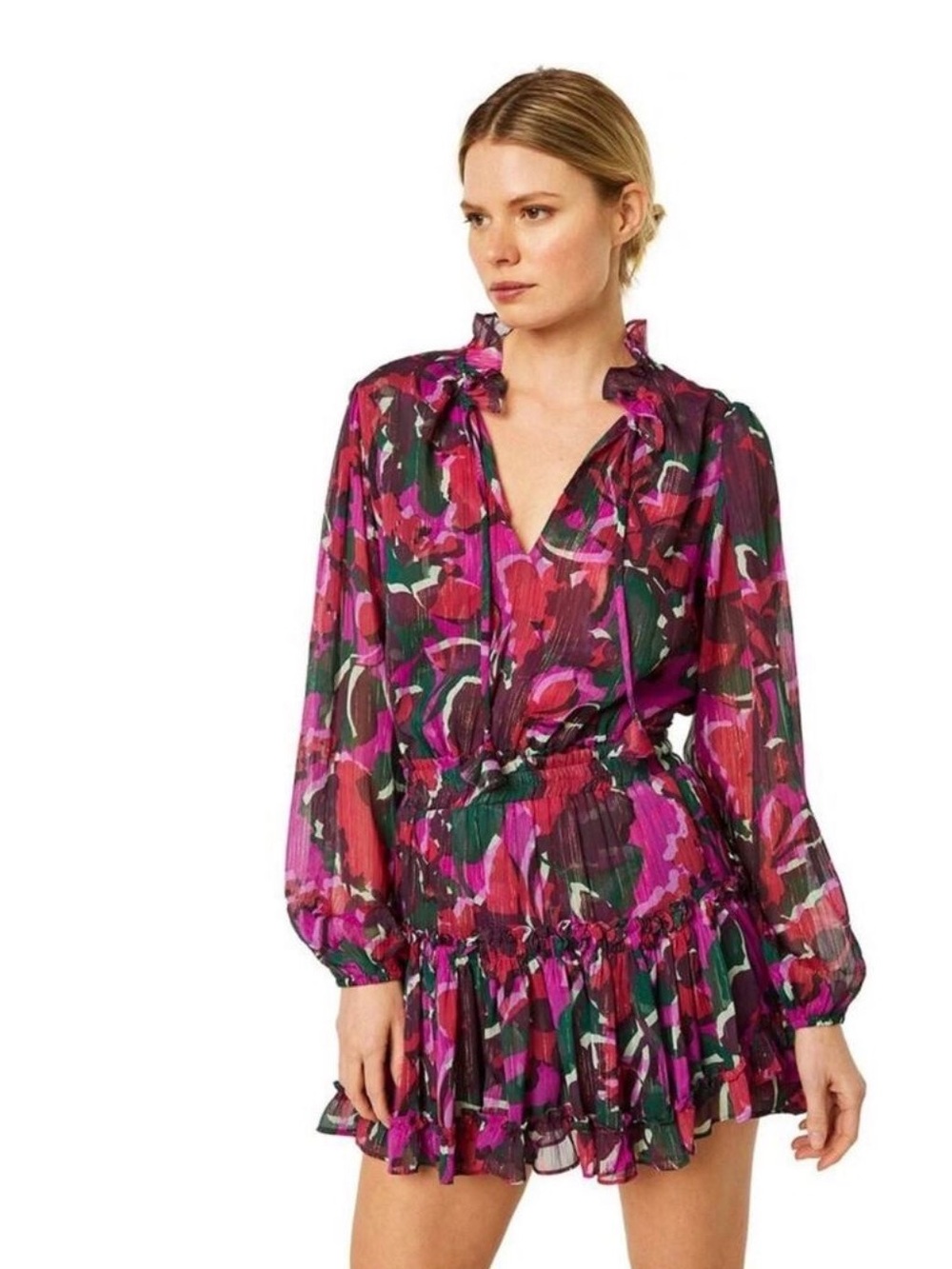 Misa Los Angeles Magenta Floral Long-Sleeve Ruffle Mini Dress